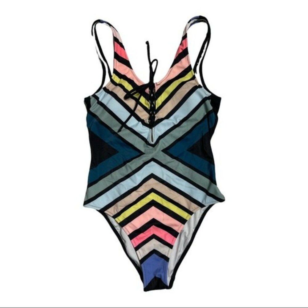 Victorias Secret Pink‎ Swim Suit Womens XS One Piece Multicolored Stripe Lace Up